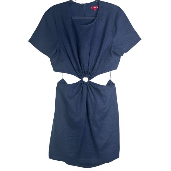 Staud Epona Sheath Dress Large Ring Detail Short Sleeve Cutout Linen Mini Navy L - Picture 4 of 16